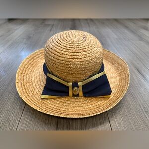 Vintage Toucan Collection Straw Hat Navy Ribbon Wide Brim Boho Coastal Sun Hat